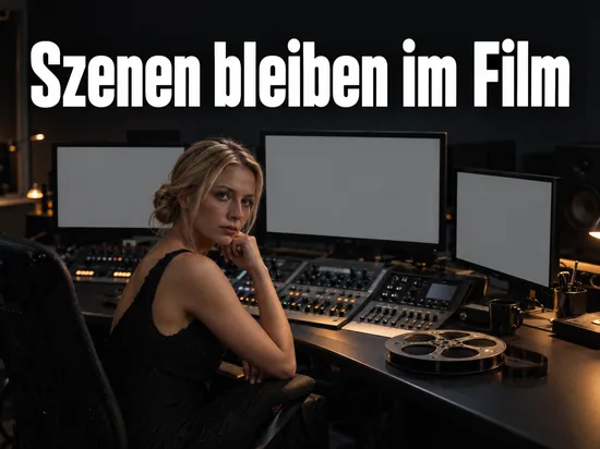 Frau sitzt an einem Filmschnittplatz mit mehreren Monitoren und einer Filmrolle