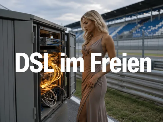 Geoeffneter Technikschrank mit Glasfaserkabeln am Rand einer Rennstrecke, davor eine Frau