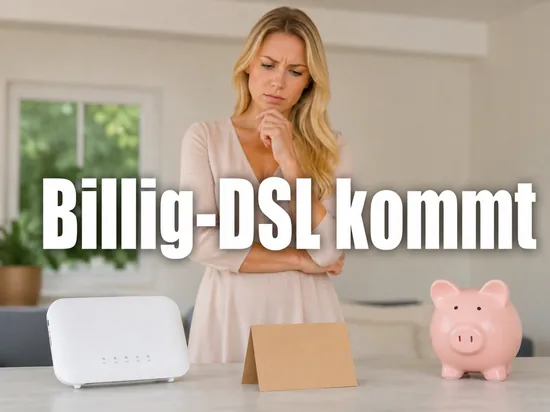 Weisser DSL-Router, leeres Preisschild und Sparschwein auf einem Tisch, davor eine Frau mit skeptischem Blick
