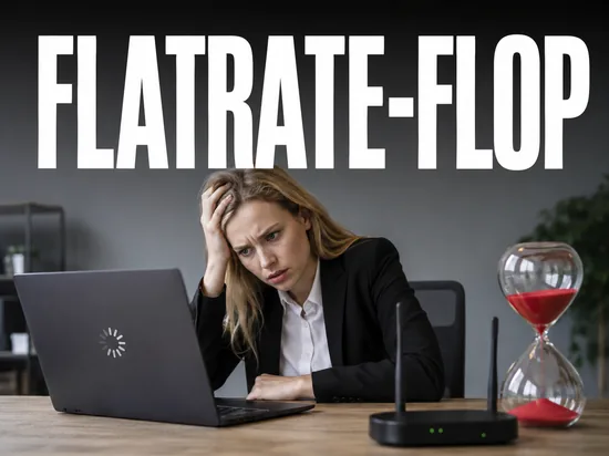 Verzögerte DSL-Flatrate wird zum Flop, frustrierte Geschäftsfrau am langsam ladenden Laptop mit DSL-Router