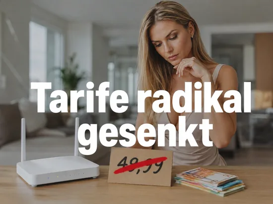 DSL-Router, durchgestrichenes Preisschild und Geldscheine auf einem Tisch, davor eine Frau
