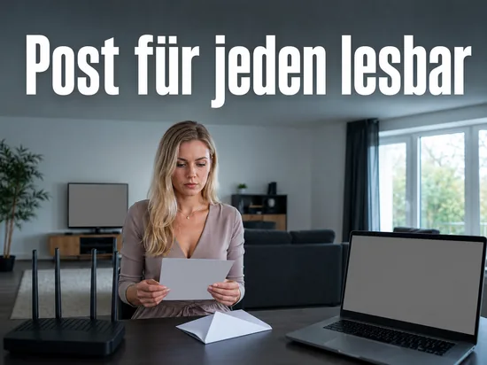 Frau liest einen Brief neben WLAN-Router und Notebook im Wohnzimmer