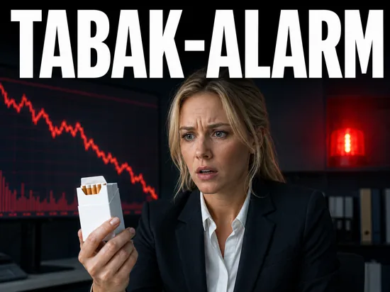 Tabakindustrie schlägt Alarm wegen sinkender Steuereinnahmen, alarmierte Geschäftsfrau mit Zigaretten und fallendem Chart