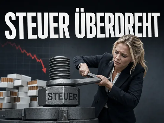 Zu hohe Tabaksteuer reißt ein Milliardenloch, Geschäftsfrau dreht an einer überdrehten Steuerschraube vor fallendem Einnahmen-Chart und Zigarettenschachteln