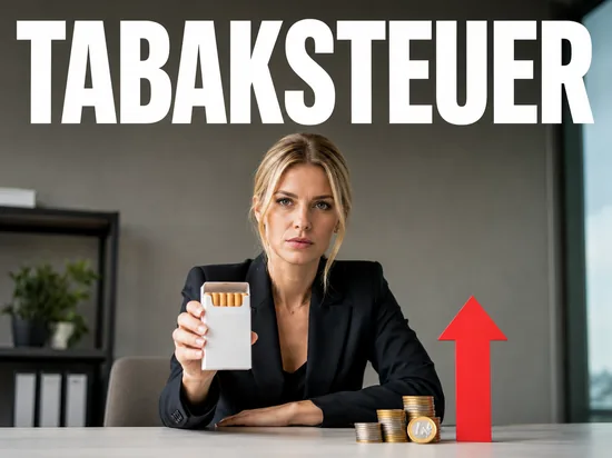 Ernste blonde Geschaeftsfrau mit neutraler Zigarettenschachtel, Euro-Muenzen und steigendem rotem Pfeil, Symbolbild Tabaksteuererhoehung