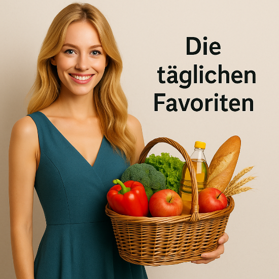 Schlanke, &uuml;ppig gebaute, blonde Frau im Kleid h&auml;lt Korb mit gesunden Lebensmitteln. Bildtext: &bdquo;Die t&auml;glichen Favoriten&ldquo;.