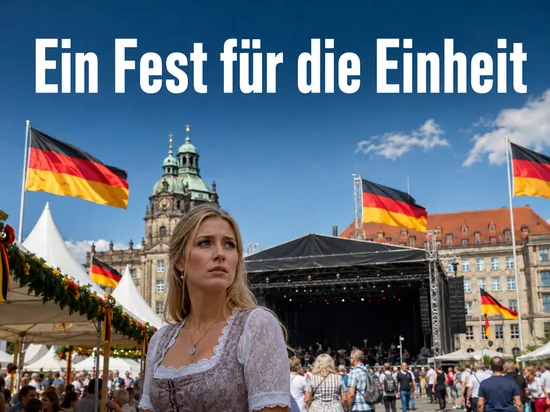 Frau auf einem Buergerfest vor Festbuehne und Deutschlandfahnen, Schriftzug Ein Fest fuer die Einheit