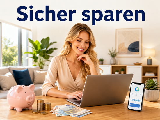Blonde Frau im Kleid vergleicht am Laptop entspannt Sparangebote, daneben ein Sparschwein, Münzen und Geldscheine