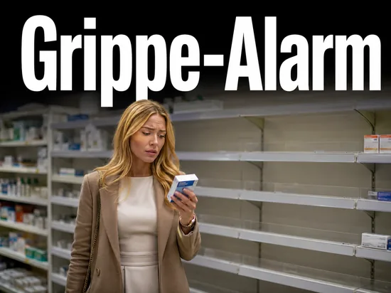 Junge blonde Frau steht besorgt vor einem fast leeren Apothekenregal und haelt eine Medikamentenpackung in der Hand