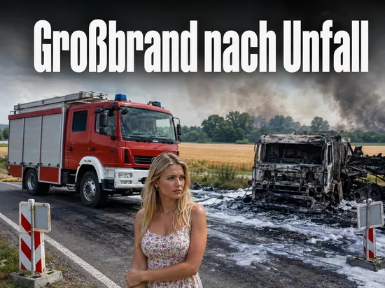 Feuerwehrfahrzeug an einer gesperrten Landstraße neben einem ausgebrannten Lastwagen