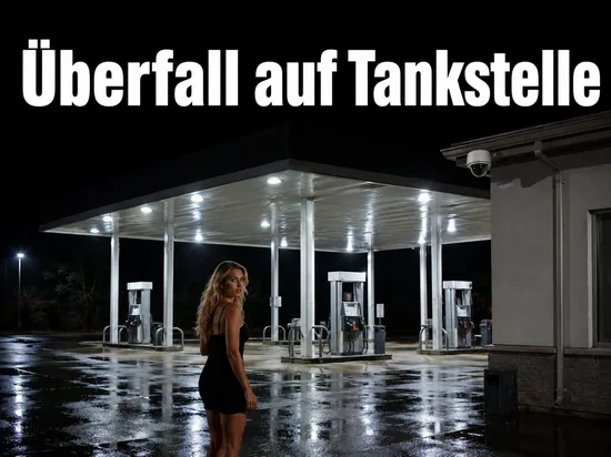 Frau vor einer beleuchteten Tankstelle bei Nacht mit Ueberwachungskamera: erneuter Ueberfall auf die Tankstelle