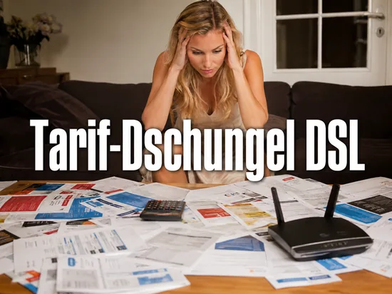 Wohnzimmertisch voller Tarifprospekte mit Taschenrechner und DSL-Router, davor eine ratlose Frau