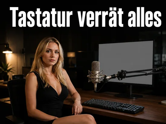 Blonde Frau am abgedunkelten Schreibtisch mit Tastatur, grossem Studiomikrofon und Monitor mit leerem Bildschirm