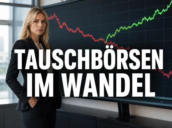 Blonde Geschaeftsfrau vor einem Bildschirm mit steigender und fallender Kurve, Schriftzug Tauschboersen im Wandel