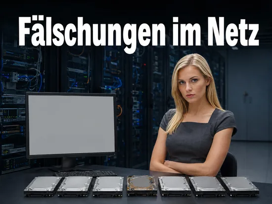 Frau im Serverraum vor einer Reihe gleich aussehender Festplatten, eine davon unbrauchbar