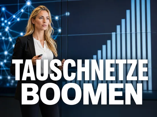 Blonde Geschaeftsfrau vor einer Bildschirmwand mit steigendem Diagramm und Netzwerkgrafik, Schriftzug Tauschnetze boomen