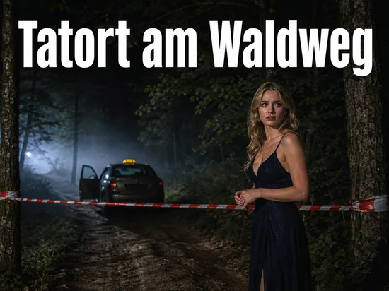 Frau nachts an einem Waldweg mit unbeleuchtetem Taxi hinter Absperrband: mysterioeser Taximord in Flensburg aufgeklaert