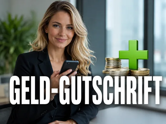 Freundliche Geschäftsfrau mit Smartphone neben gestapelten Euro-Münzen und grünem Plus-Symbol, Symbolbild für die Gutschrift pro Minute bei Anrufumleitung