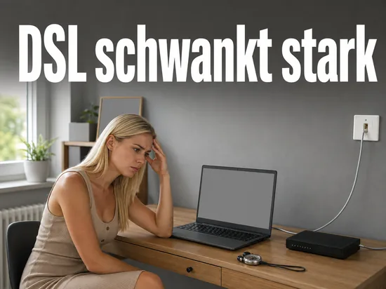 Frau am Schreibtisch vor Notebook und DSL-Router, daneben eine Stoppuhr