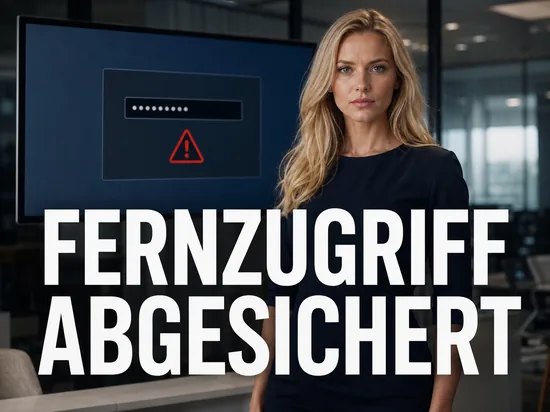 Geschaeftsfrau vor Monitor mit Fernwartungsfenster, Passwortfeld und rotem Warnsymbol