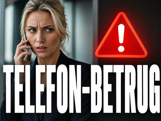 Misstrauische Geschäftsfrau mit Smartphone am Ohr neben einem roten Warnsymbol, Symbolbild für Telefonbetrug durch falsche Bankangestellte
