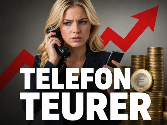 Besorgte Geschäftsfrau mit Telefonhörer und Smartphone vor einem roten Aufwärtspfeil und Euro-Münzen, Symbolbild für die gestiegenen Telefonkosten