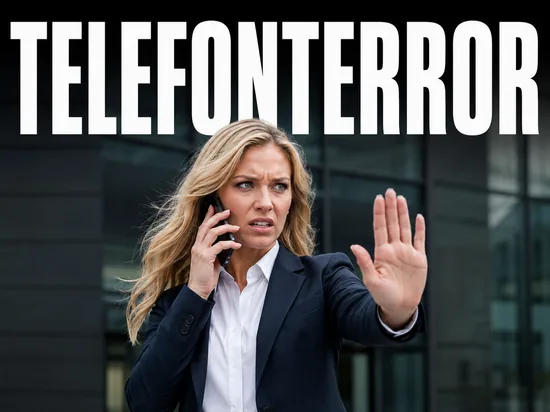 Genervte blonde Geschaeftsfrau am Smartphone mit abwehrender Handbewegung, Symbolbild unerlaubte Telefonwerbung und Rekord-Bussgelder