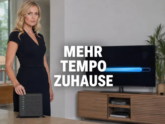Blonde Frau neben einem DSL-Router mit leuchtender Fortschrittsanzeige auf dem Bildschirm als Symbol für schnellere Internetanschlüsse