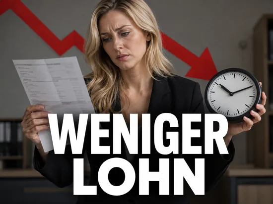Besorgte Geschäftsfrau mit Lohnzettel und Uhr vor einem roten Abwärtspfeil, Symbolbild für die von der Telekom geplante kürzere Arbeitszeit bei weniger Lohn