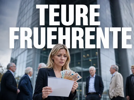 Frühverrentung von Beamten kostet den Staat Milliarden, besorgte Geschäftsfrau mit Rentenbescheid und Euro-Scheinen vor Bürohochhaus
