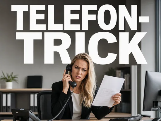Telekom hebelt Call-by-Call aus, skeptische Geschäftsfrau mit Festnetztelefon und Telefonrechnung im Büro