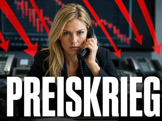 Ernste Geschäftsfrau mit Telefonhörer vor mehreren roten Abwärtspfeilen und fallenden Kursen, Symbolbild für den Preiskrieg der Telekom mit ihren Wettbewerbern