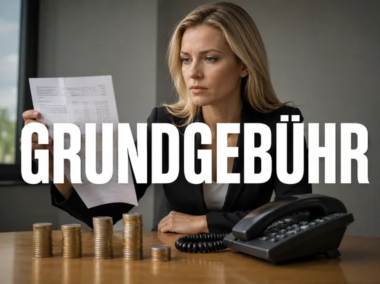 Ernste Geschäftsfrau mit Telefonrechnung, Münzstapeln und Festnetztelefon, Symbolbild dafür dass die Grundgebühr die Hälfte der Telekom-Einnahmen ausmacht