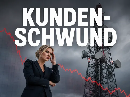 Besorgte blonde Geschaeftsfrau vor Mobilfunk-Sendemast und stark fallendem rotem Kursdiagramm, Symbolbild starke Kundenverluste eines Telekommunikationskonzerns