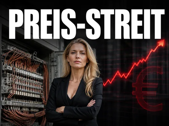 Ernste blonde Geschaeftsfrau vor Telefon-Verteilerkasten mit Kupferkabeln und steigendem rotem Kurs mit Euro-Zeichen, Symbolbild Preiserhoehung bei der Miete der Telefon-Anschlussleitung