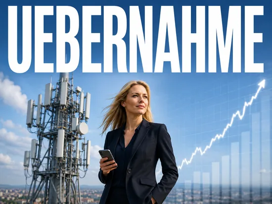 Selbstbewusste blonde Geschaeftsfrau mit Smartphone vor Mobilfunk-Sendemast und steigendem Kurs, Symbolbild Uebernahme eines Mobilfunkanbieters durch einen Telekommunikationskonzern