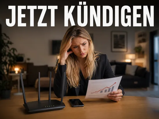 Blonde Geschaeftsfrau blickt besorgt auf Router und steigende Telefonrechnung, Schriftzug Jetzt kuendigen