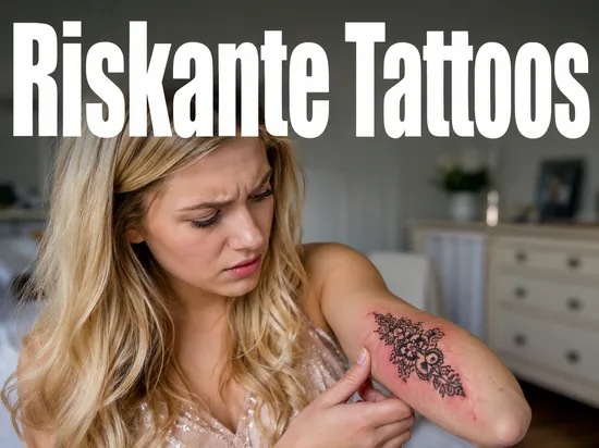 Junge blonde Frau betrachtet besorgt ein temporaeres Henna-Tattoo auf ihrem gereizten Unterarm