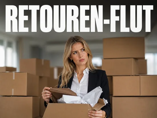 Blonde Geschaeftsfrau mit geoeffnetem Retourenpaket vor einem Stapel Paketkartons, Schriftzug Retouren-Flut