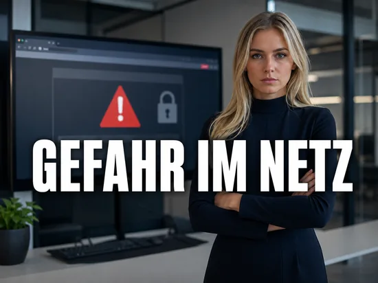 Blonde Geschaeftsfrau vor Monitor mit blockierter Webseite und rotem Warndreieck, Schriftzug Gefahr im Netz