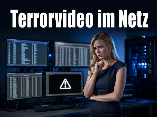 Frau in einem Ermittlungsraum mit Monitoren und Warnsymbol: Terrorvideo im Internet verbreitet