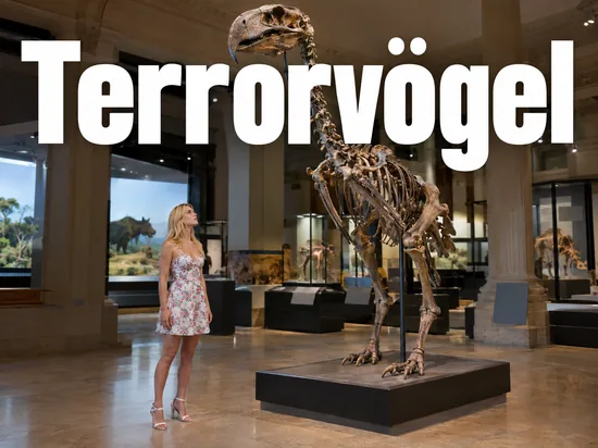 Frau im Naturkundemuseum blickt zu einem großen Fossilskelett eines Terrorvogels mit Hakenschnabel hinauf, darüber der Schriftzug Terrorvögel