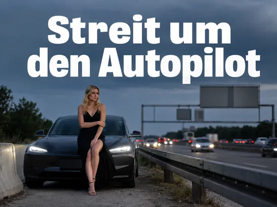 Dunkle Limousine am Autobahnrand vor Leitplanke und Betonabweiser
