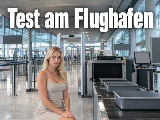 Frau sitzt an einer leeren Sicherheitskontrolle im Flughafenterminal