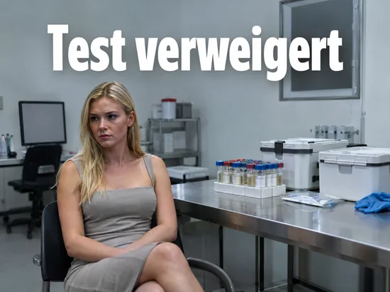 Frau sitzt in einem Labor neben Probenbehältern einer Dopingkontrolle