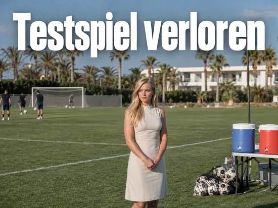 Trainingsplatz im Süden mit Palmen und Bällen, eine Frau steht am Spielfeldrand