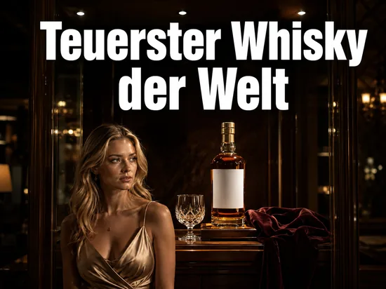 Edle Whiskyflasche mit leerem Etikett in einer Vitrine als Symbol fuer eine besonders teure Spirituose