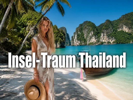 Tropischer Strand einer thailaendischen Insel mit tuerkisem Meer, Palmen und Longtail-Boot, davor eine Frau mit Sonnenhut