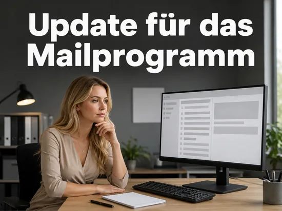 Geschaeftsfrau am Monitor mit E-Mail-Programm und blauem Schutzschild als Symbol fuer ein Sicherheitsupdate