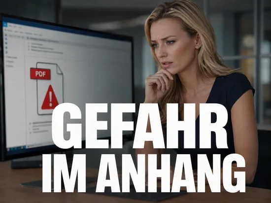 Geschaeftsfrau vor Monitor mit E-Mail-Programm, PDF-Anhang und rotem Warndreieck als Symbol fuer eine Sicherheitsluecke